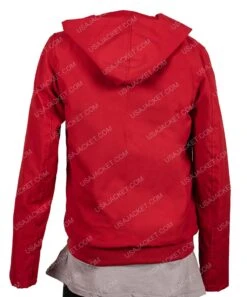 Pokemon Detective Pikachu Lucy Jacket -Leather Jacket Store Kathryn Newton Pokemon Detective Pikachu Lucy Hooded Red Jacket 1