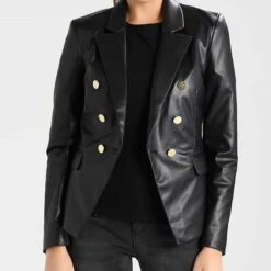 Womens Double Breasted Slimfit Black Blazer -Leather Jacket Store Stylish Double Breasted Womens Buttoned Leather Blazer Jacket
