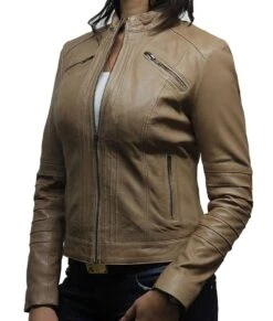 Womens Beige Biker Leather Jacket -Leather Jacket Store Womens Beige Biker Leather Jacket