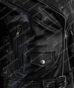 Womens Asymmetrical Black Motorcycle Jacket -Leather Jacket Store Womens Black Biker Belted Jacket