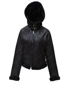 Womens Black Shearling Leather Hooded Jacket