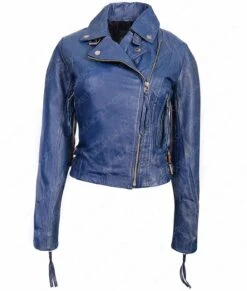 Womens Blue Lambskin Biker Jacket