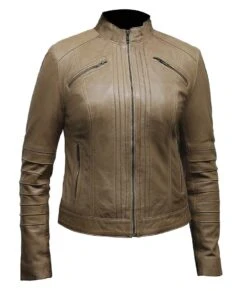 Womens Beige Biker Leather Jacket -Leather Jacket Store Womens Cafe Racer Style Motorcycle Beige Leather Jacket