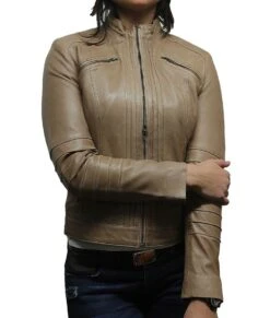 Womens Beige Biker Leather Jacket