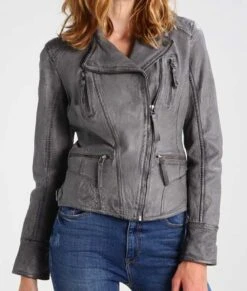 Womens Grey Leather Motorcycle Jacket